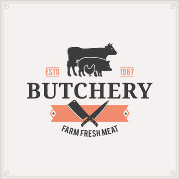 Butcher Shop Logo, Meat Label Template, Farm Animals Silhouettes