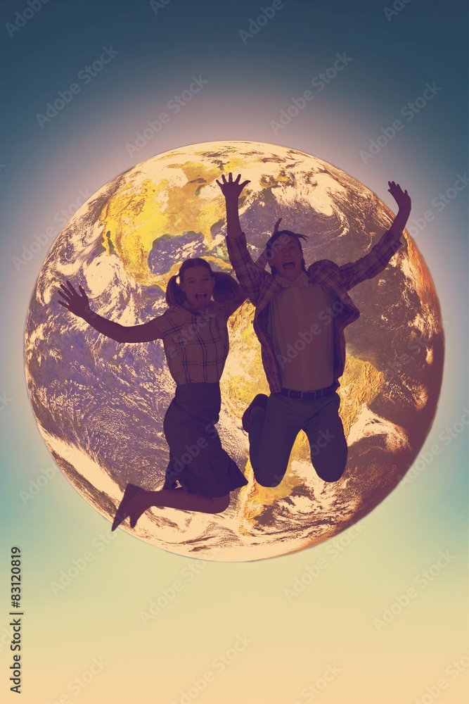 Poster Composite image of geeky hipsters jumping and smiling
