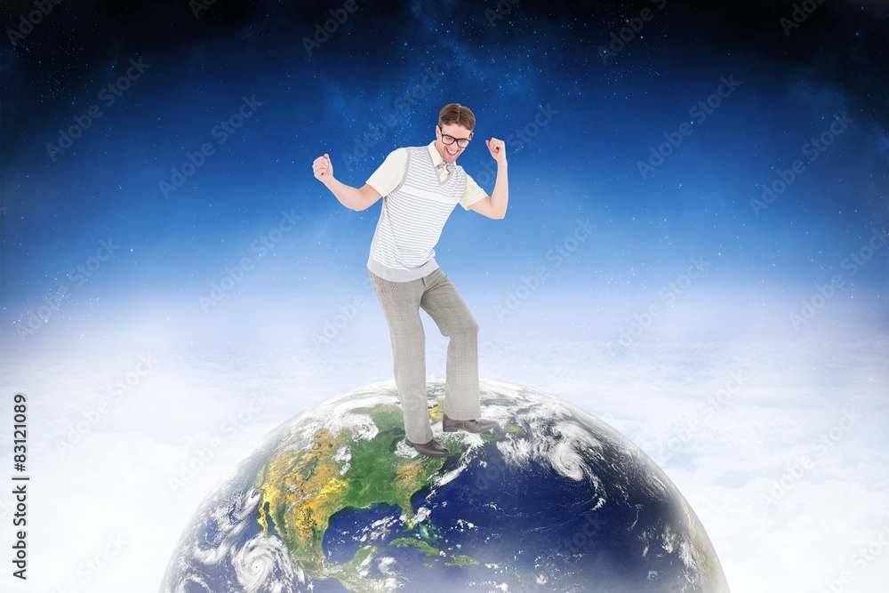 Aufkleber Composite image of geeky hipster dancing and smiling
