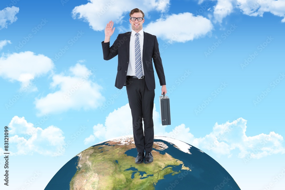 Aufkleber composite image of geeky hipster businessman waving at camera