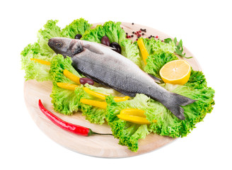 Composition of fresh seabass and vegetables.