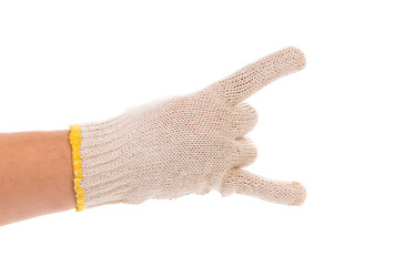 Thin work glove on hand as rock sign.