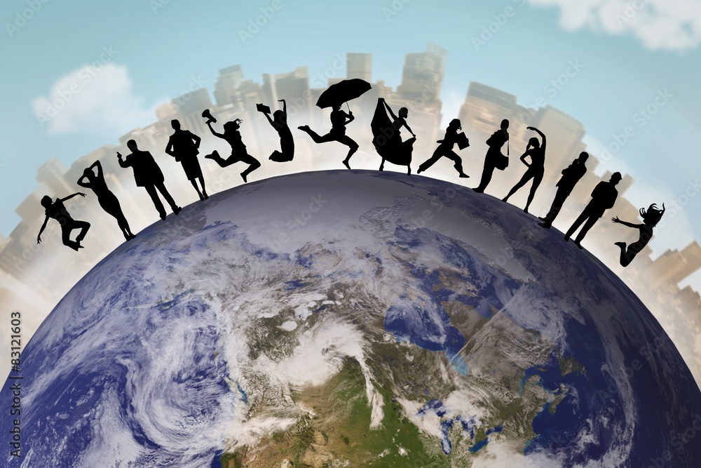 Poster composite image of silhouette of family jumping