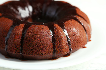Chocolate pie on white plate