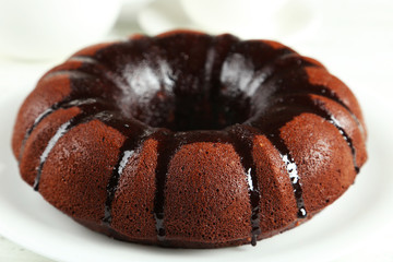 Chocolate pie on white plate