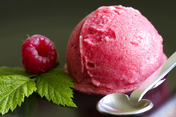 Scoop of raspberry ice cream with fresh fruit and green leaf