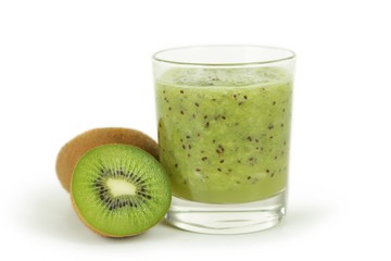 Fresh kiwi smoothie in glass isolated on white