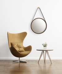 Modern leather chair with a side table with hairpin legs