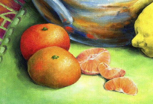 Red mandarin painted in oil on canvas.