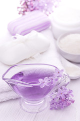 Obraz na płótnie Canvas sea salt and essential oils, purple lilac. spa