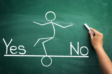 sketch  person balancing between words Yes and No