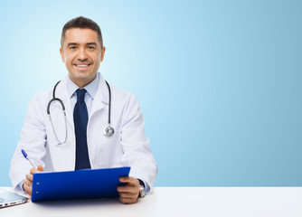 happy doctor with clipboard over blue background