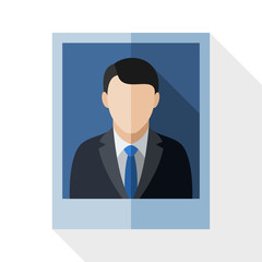 Picture of a man in a business suit with long shadow on white ba