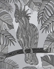 Obraz premium Graphic cockatoo parrot on a branch. Vector illustration