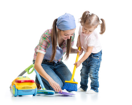 Child Girl And Mother Sweep Floor