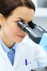 close up of scientist looking to microscope in lab