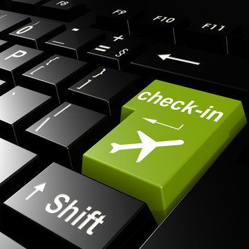 Online check in flight on green keyboard