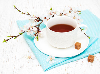 Obraz na płótnie Canvas Cup of tea and spring blossom