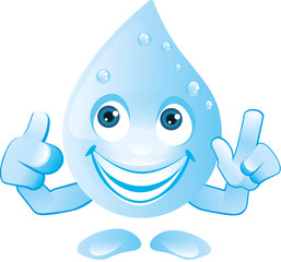 Wassertropfen mit lachendem Gesicht zeigt Achtung und Geste Du