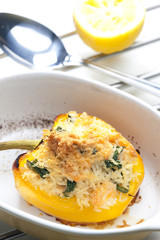 pepper baked with Parmesan filled with rice and salmon