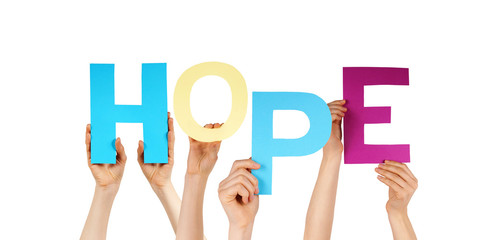 Many People Hands Holding Colorful Word Hope 