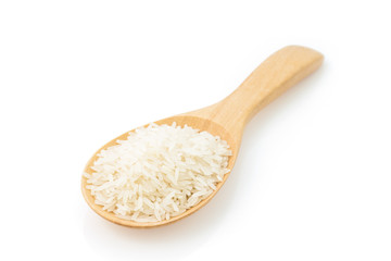 Fototapeta na wymiar jasmine rice on Wood Ladle