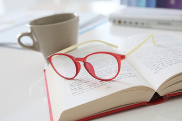 Red eyeglasses set over book
