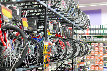 Sales of bicycles in store - obrazy, fototapety, plakaty