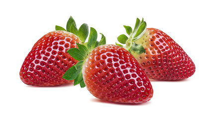 Three strawberries horizontal composition isolated on white back