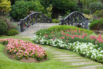 landscape of floral gardening with pathway and bridge in garden