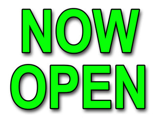 A bold NOW OPEN sign in bright green isolated on a white backgro
