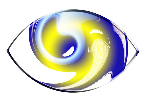 Abstract eye icon in blue, yellow and white on a white backgroun