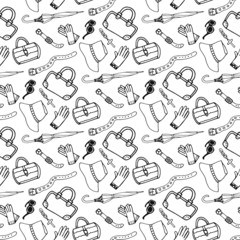 Doodle hand drawn girl fashion accessories and handbags seamless