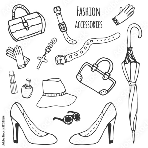 "Sketch collection of women accessories. Fashion set. Hand drawn" Stock