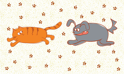 Angry dog chasing  the cat. Vector doodle illustration.