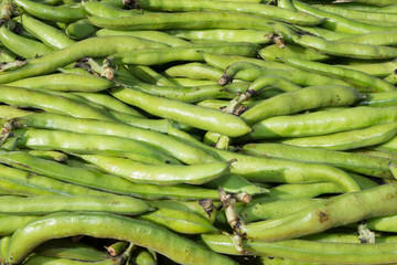 small and slender green beans (haricot vert) on a wood