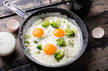 The frying pan with fried eggs with broccoli
