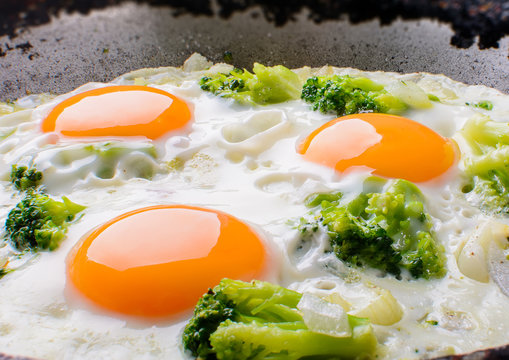 The frying pan with fried eggs with broccoli
