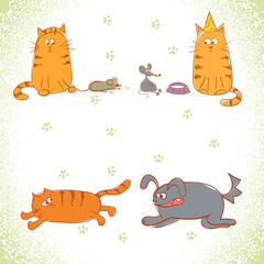 Set of illustrations with funny cats.