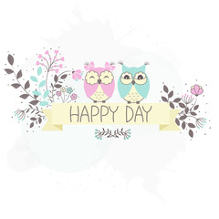 Beautiful pattern card with owls and flowers