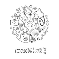 Hand drawn medicine doodle icons set. Sketches healthcare and