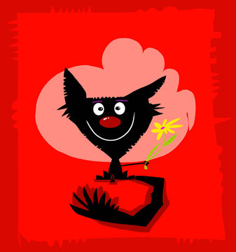 Black Smiling Cat on Red Background