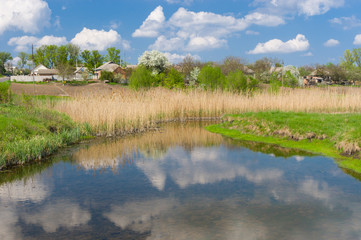 Spring landscape with small river Kagamlik, Ukraine