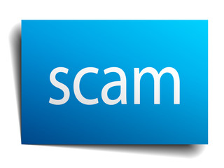 scam blue paper sign on white background