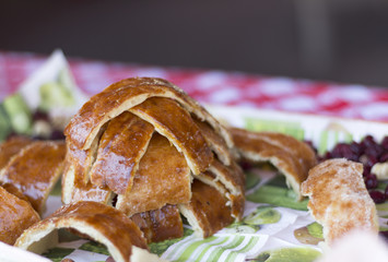 Baked chimney cakes.Blurred background