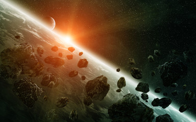 Meteorite impact on planet Earth in space - obrazy, fototapety, plakaty