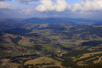 aerial view on villages in Carpathian mountains