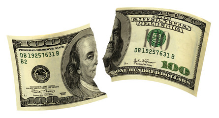 Riped Money One Hundred Dollar Bill Isolated on White Background