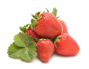 Strawberries with leaves isolated on white background