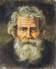 oil on canvas of a senior with a mustache and hat